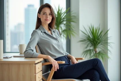 Femme assise avec une posture correcte sur une chaise standard ergonomique dans un bureau moderne