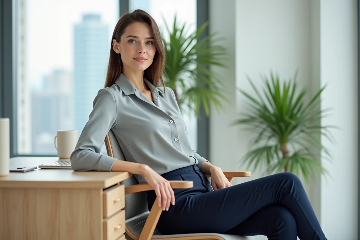 Femme assise avec une posture correcte sur une chaise standard ergonomique dans un bureau moderne