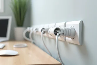 Prise électrique intégrée dans une goulotte blanche fixée sur un mur de bureau moderne avec câbles bien rangés