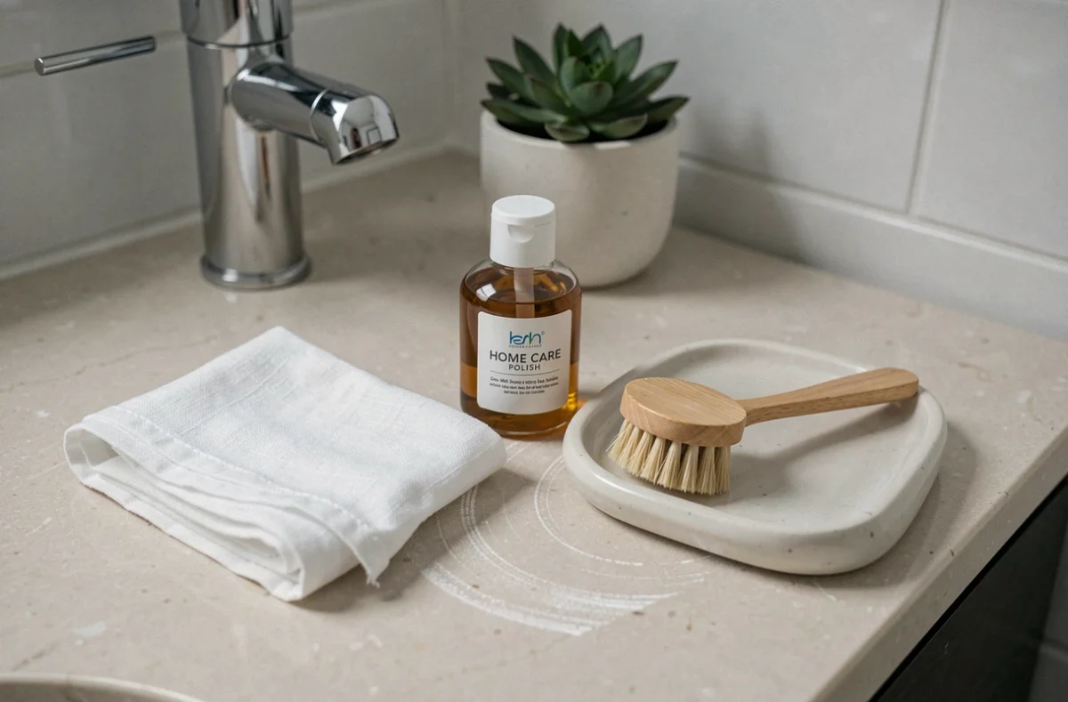 Produits d'entretien POLILAR disposés sur un plan de travail en pierre dans une salle de bain épurée