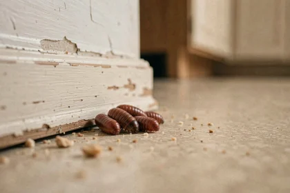 Pupes de mouche regroupées près d'un plinthes de cuisine en bois usé, signe précoce d'une infestation domestique