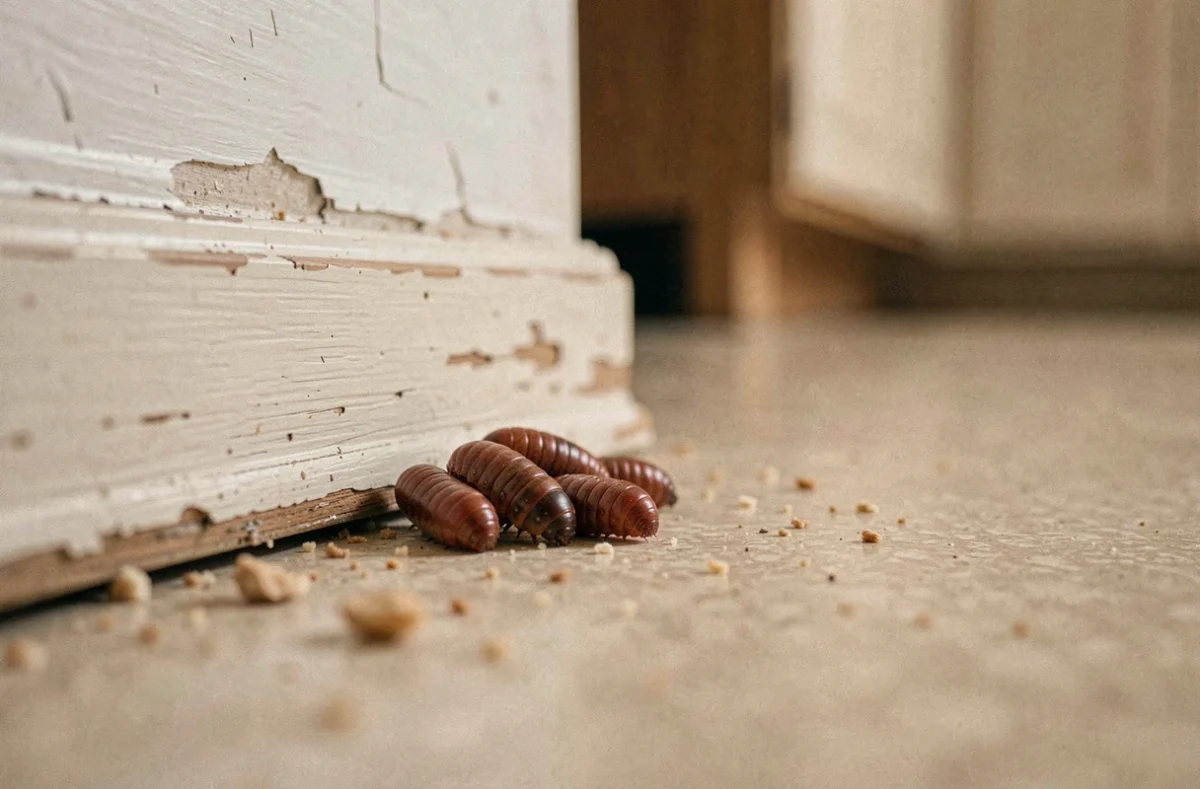 Pupes de mouche regroupées près d'un plinthes de cuisine en bois usé, signe précoce d'une infestation domestique