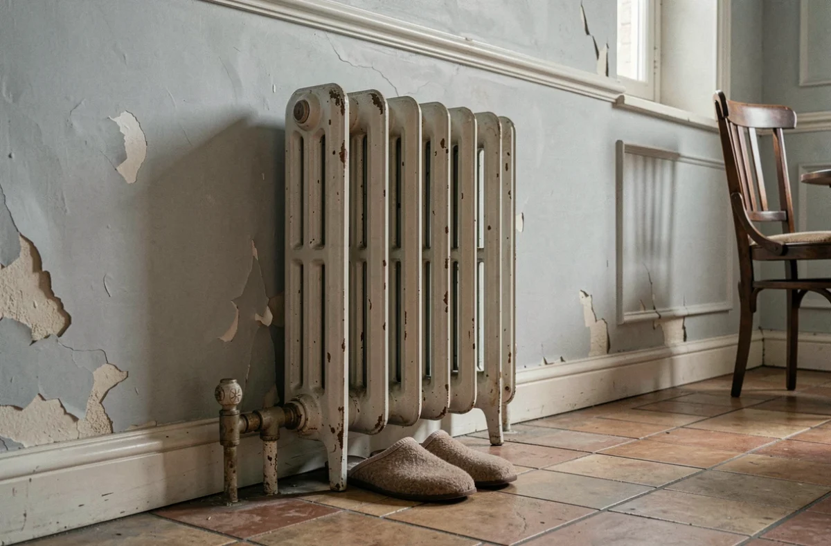 Radiateur en fonte ancien fixé au mur dans une maison traditionnelle française