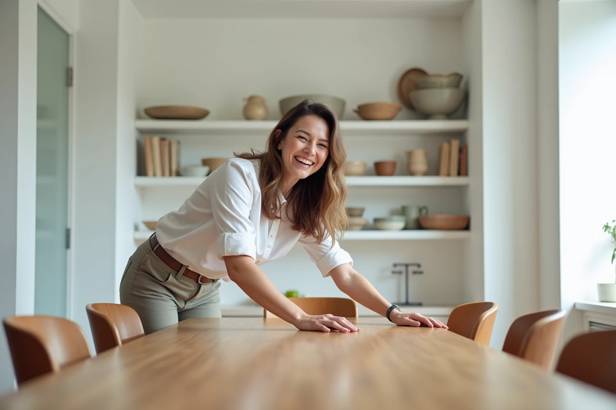 Femme souriante arrangeant des chaises dans une salle à manger moderne