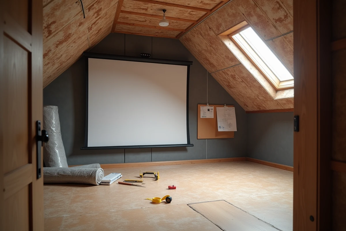 Chantier de transformation d'un grenier en salle de cinéma maison avec matériaux acoustiques et plans d'architecte