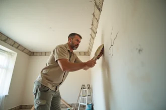 Artisan appliquant de l'enduit sur une fissure de plafond avec une spatule dans un salon en rénovation
