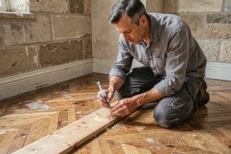 Homme injectant de la colle à bois entre les lames d'un parquet en chêne pour éliminer un grincement