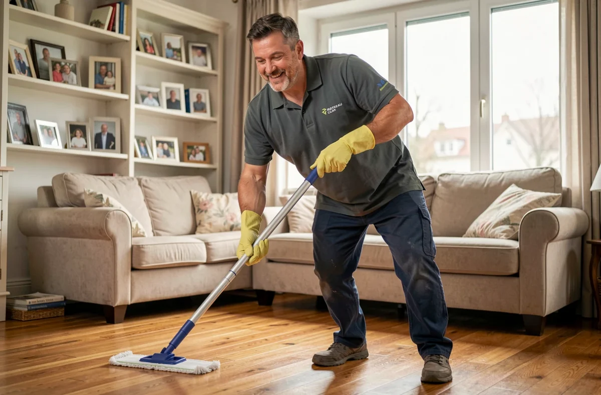 Agent de ménage Réseau Clean nettoyant le sol d'une maison à Gagny
