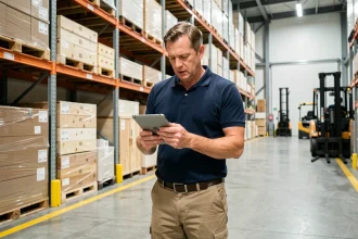 Responsable logistique vérifiant l'inventaire de meubles dans un entrepôt AMEUBLEA LOG moderne