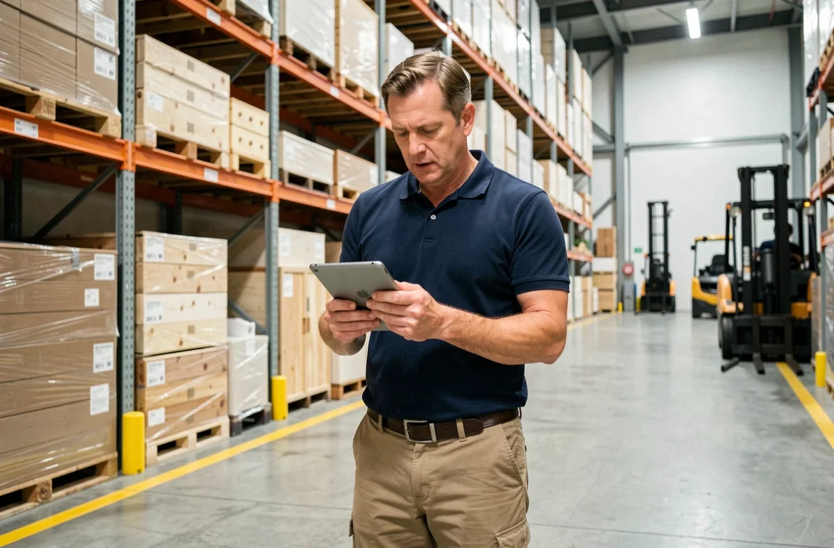 Responsable logistique vérifiant l'inventaire de meubles dans un entrepôt AMEUBLEA LOG moderne