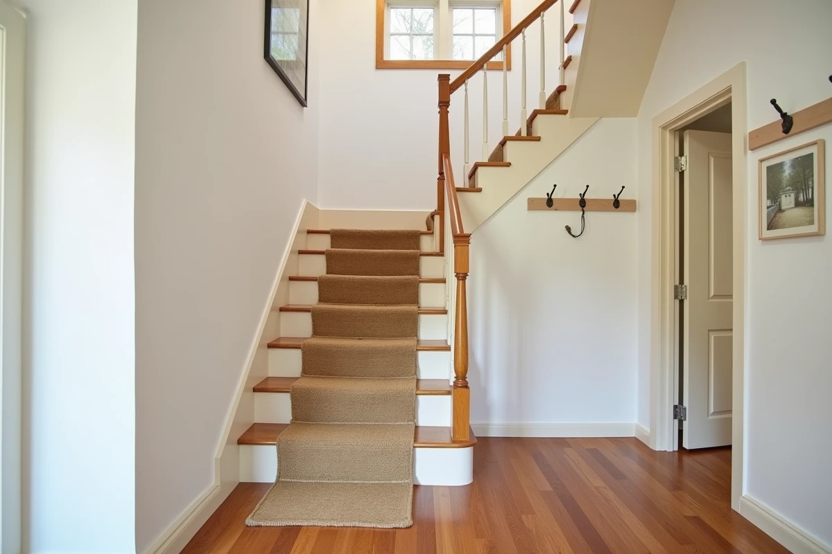 Escalier en bois rénové peint en blanc cassé avec un tapis en jute, résultat final après peinture sans ponçage en un week-end