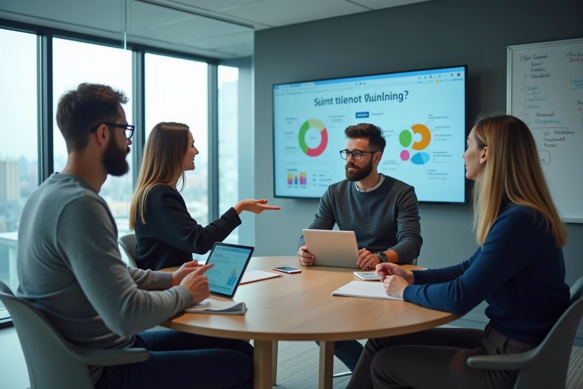 Réunion de sprint planning avec un chef de projet et son équipe agile dans une salle de conférence vitrée