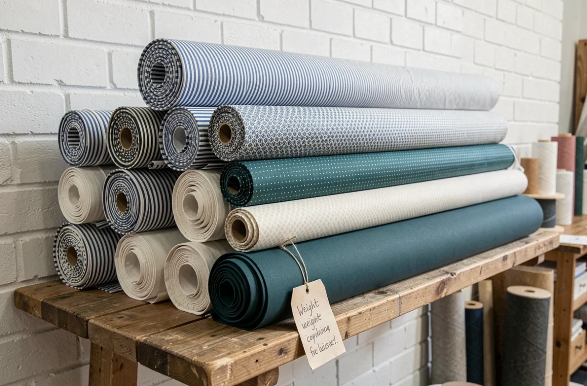 Rouleaux de tissus coton enduits variés exposés sur une étagère en bois dans un atelier de couture