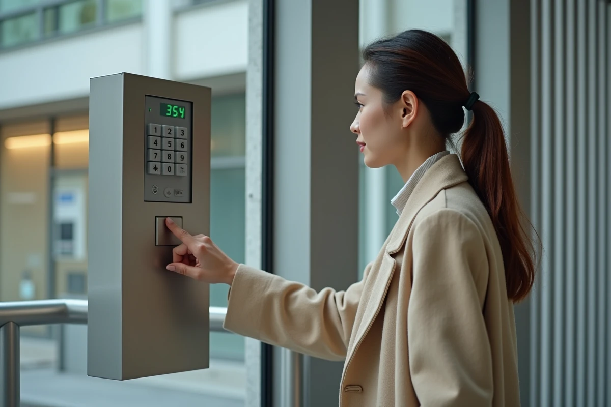 Femme saisissant un code numérique sur un clavier de portail coulissant à l'entrée d'une propriété commerciale