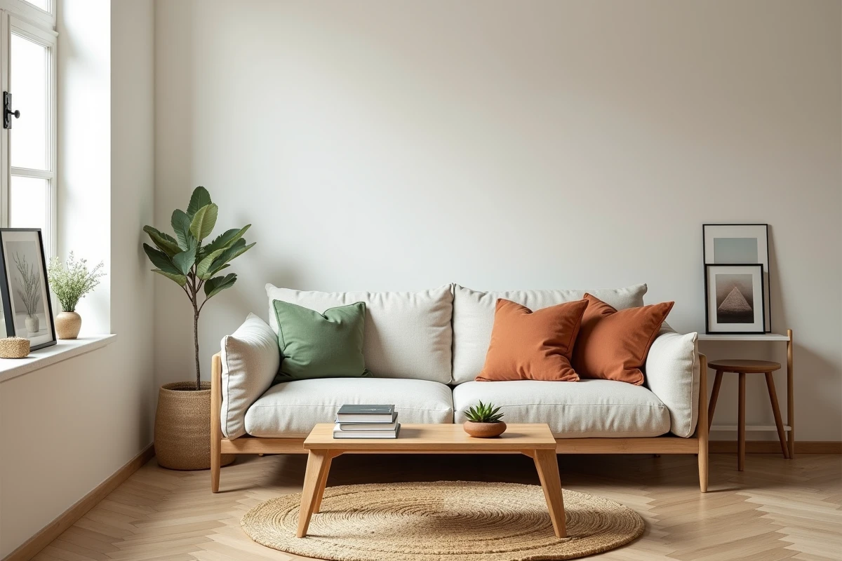 Salon décoré avec goût à petit prix, canapé en lin, tapis jute et art mural encadré pour un intérieur chic et accessible