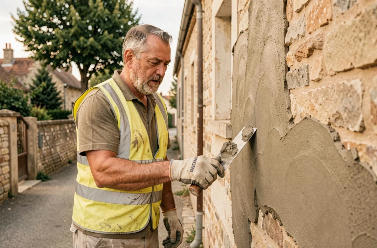 Artisan de Sarl Dominique Pinheiro appliquant du plâtre sur le mur extérieur d'une maison en pierre en banlieue parisienne