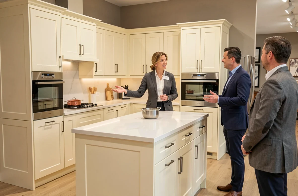 Showroom Schmidt Strasbourg avec cuisine blanche classique et îlot central en quartz, conseillère en discussion avec des clients