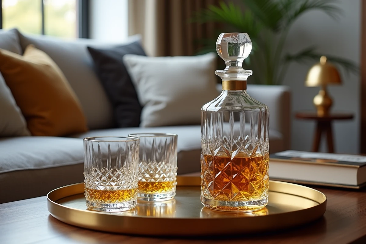 Service à whisky complet en cristal sur plateau laiton dans un salon moderne au style mid-century élégant