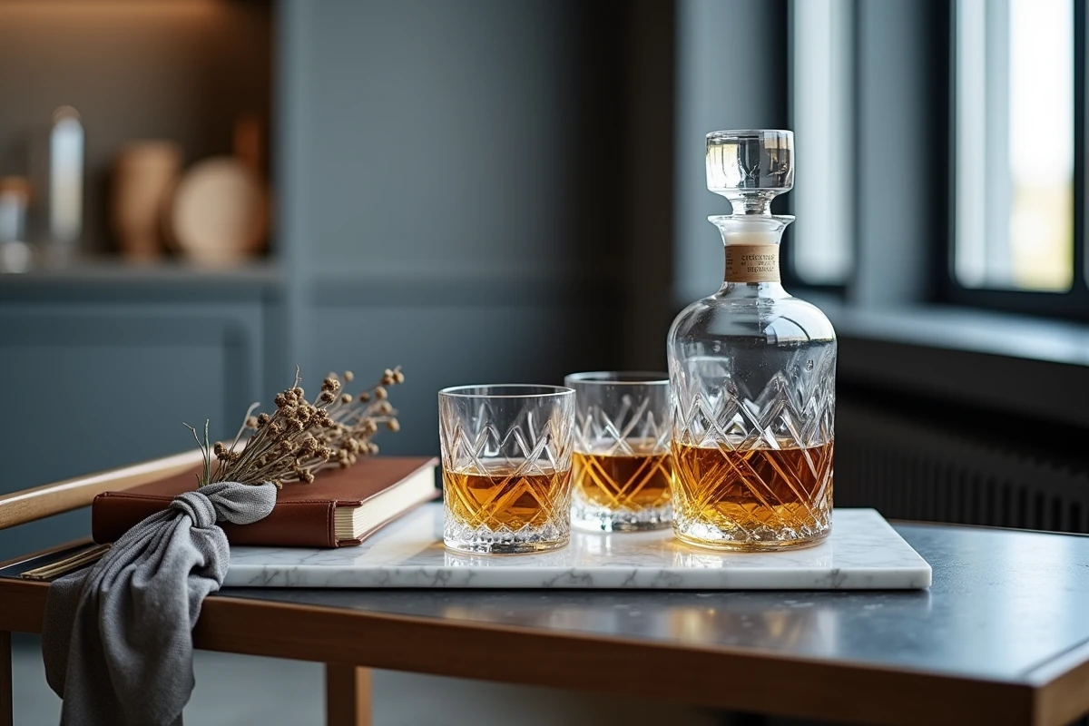 Set whiskey avec deux verres en cristal et carafe sur un plateau en marbre, chariot de bar dans un appartement moderne