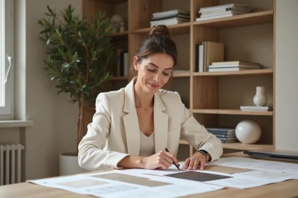 Femme architecte d'intérieur étudiant des échantillons de matériaux et des plans de décoration dans un bureau épuré de style parisien