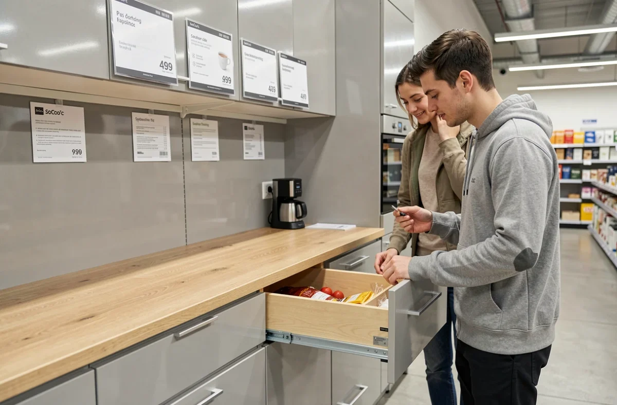 Cuisine équipée SoCoo'c Strasbourg en gris brillant à prix accessible avec couple de jeunes clients examinant les rangements
