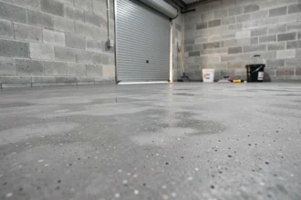 Sol en béton brut de garage fraîchement scellé avec texture lisse et détails d'agrégats visibles