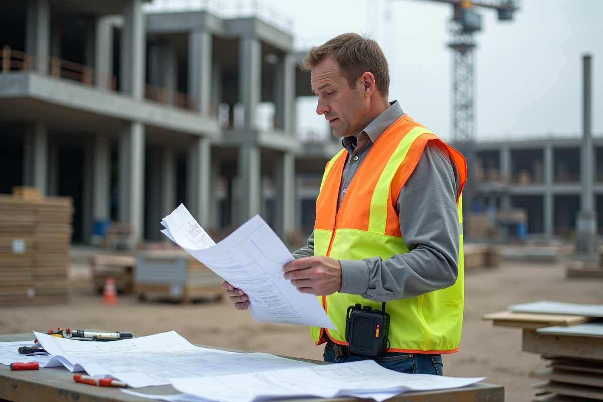 Superviseur de chantier vérifiant des plans sur un site actif