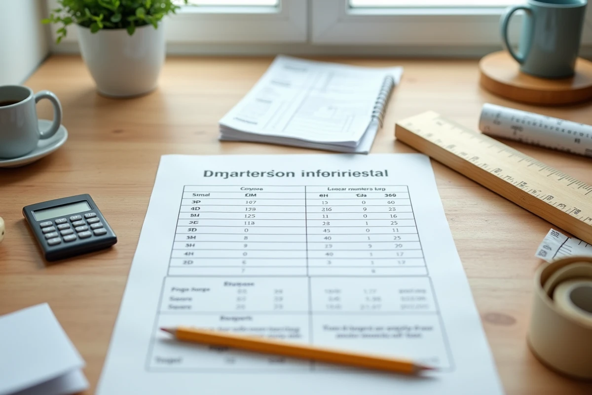 Tableau de conversion mètres linéaires en mètres carrés imprimé posé sur un bureau avec règle et mètre ruban