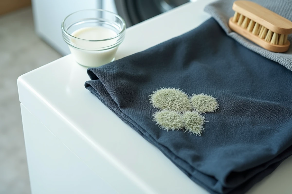 Gros plan sur des taches de moisissures sur tissu en lin avec du vinaigre blanc et une brosse pour le nettoyage à domicile