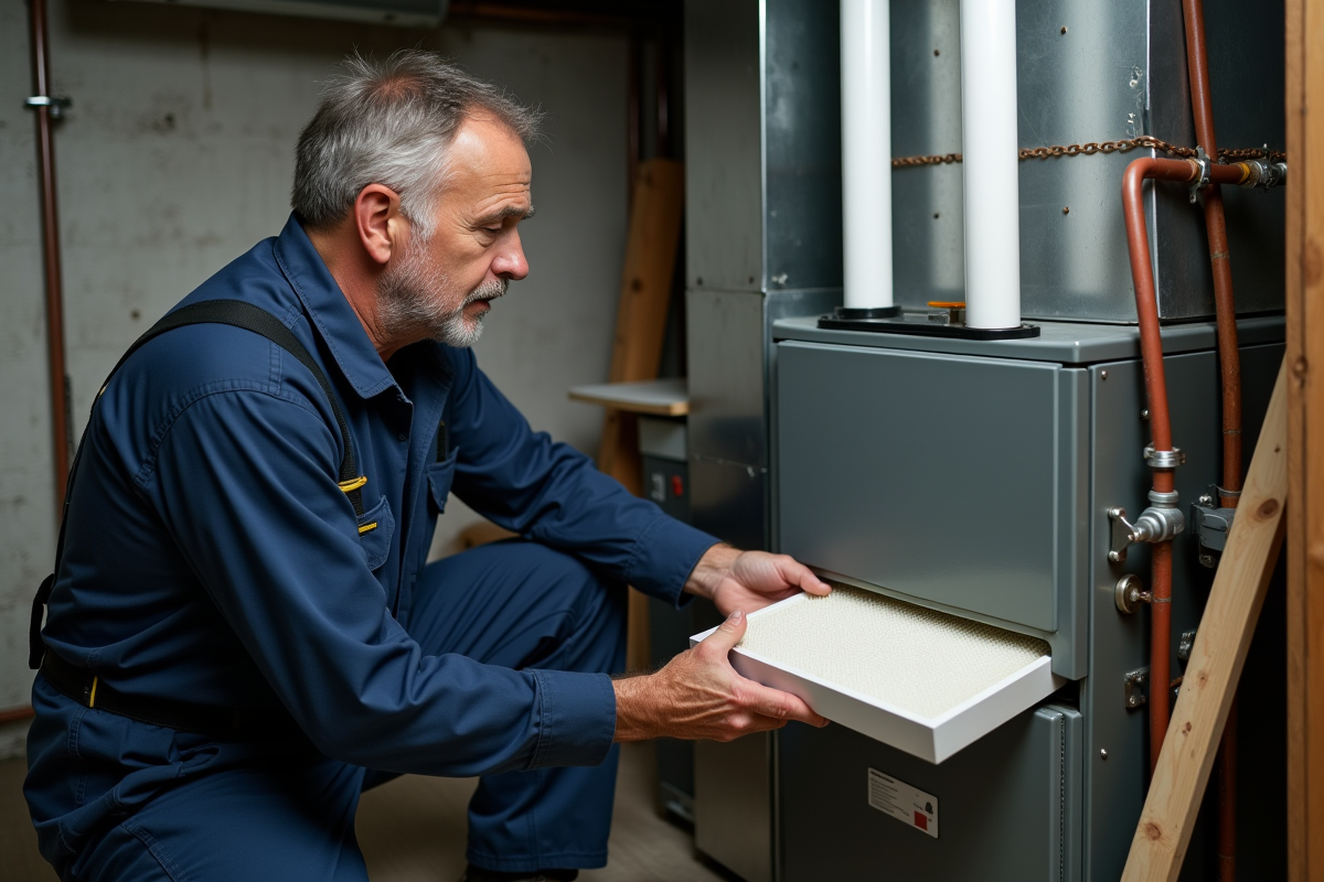 Technicien HVAC en train de changer un filtre dans un sous-sol propre