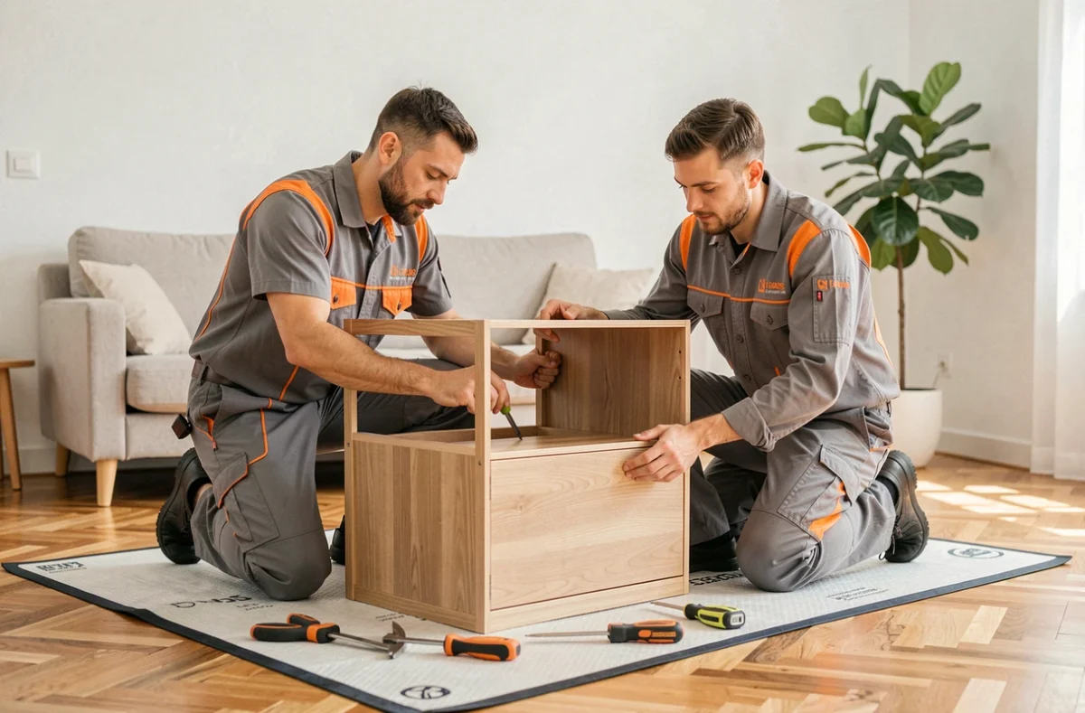 Deux techniciens AMEUBLEA LOG en train d'assembler une armoire en bois dans un appartement moderne