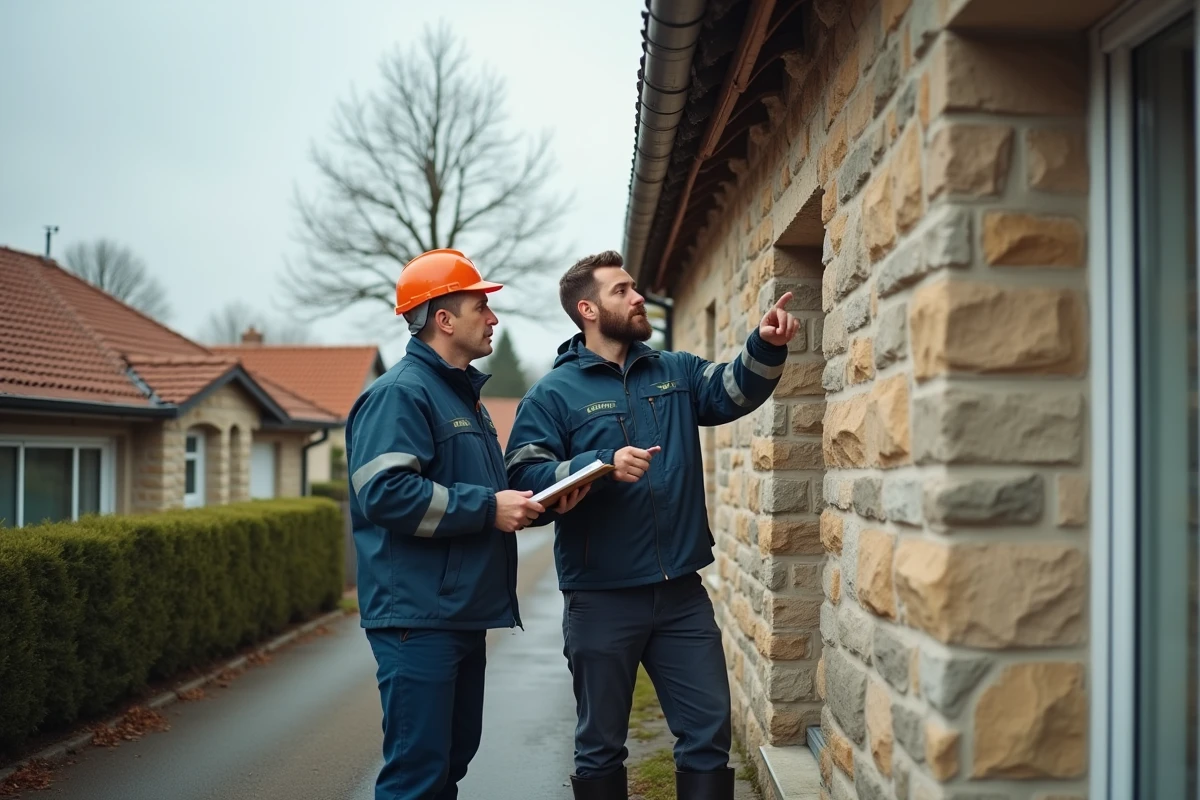 Techniciens inspectant la façade et l'isolation d'une maison lors d'un audit thermique extérieur