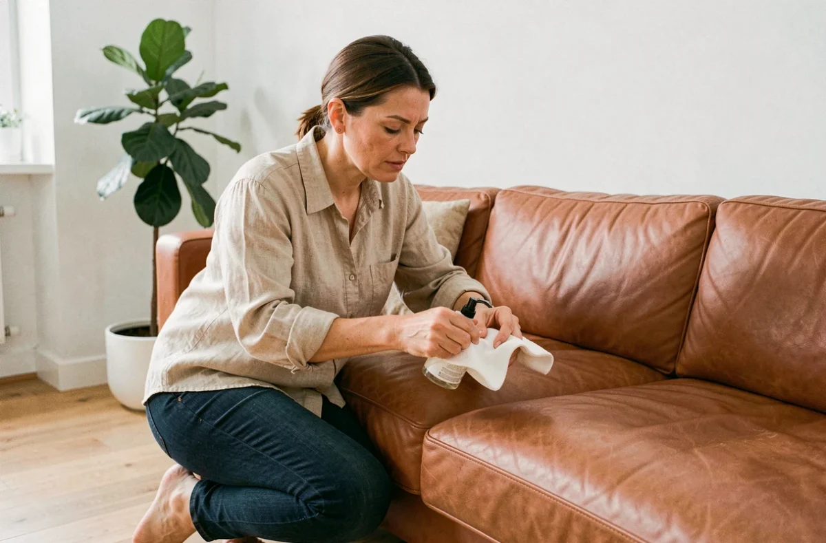 Femme appliquant un nettoyant canapé cuir sur un chiffon microfibre avant de tester le produit sur un canapé cognac