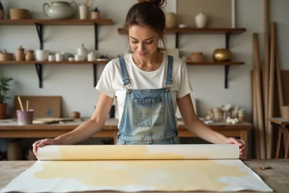 Femme artiste examinant une toile enduite prête à l'emploi déroulée sur un établi dans un atelier de peinture organisé
