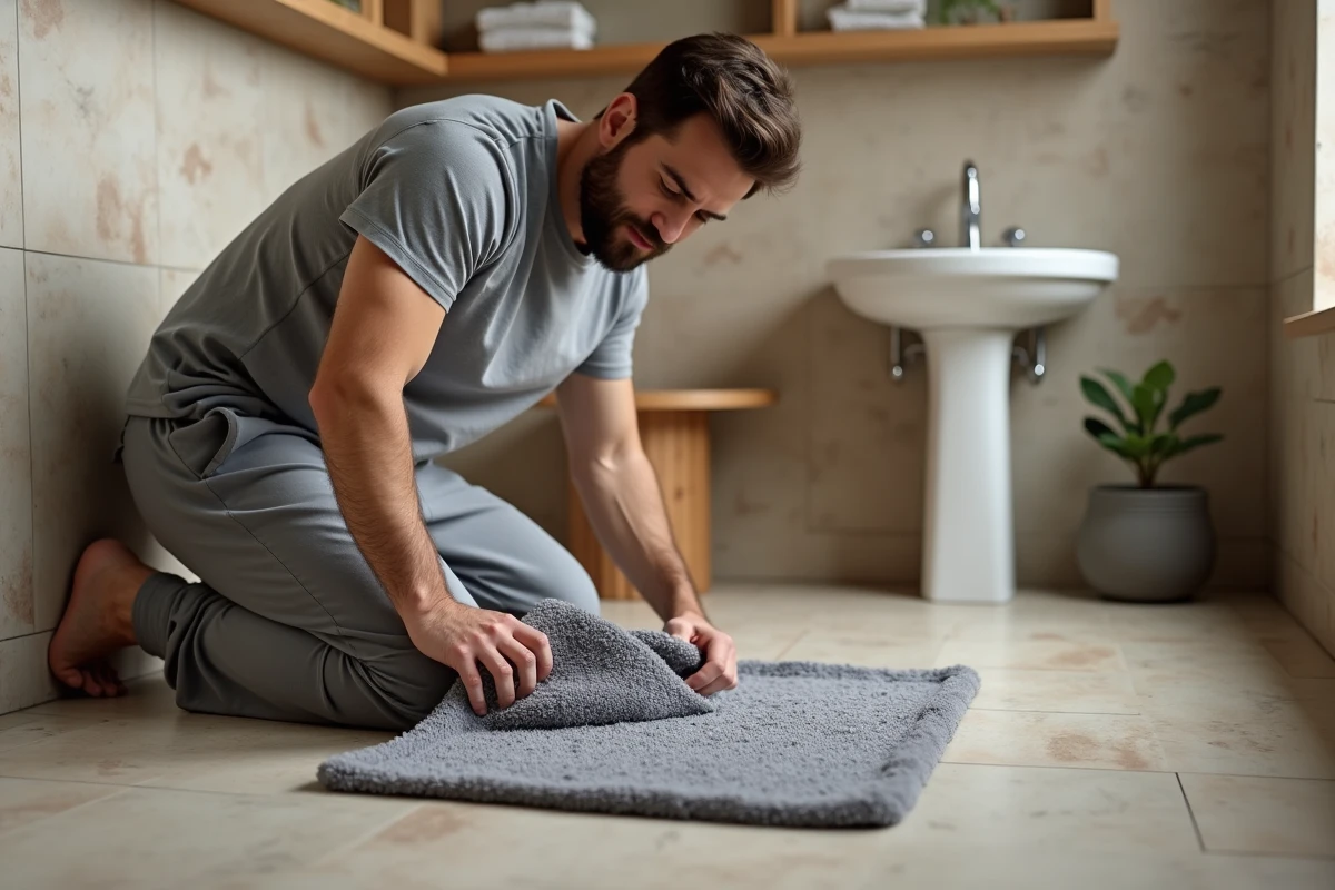 Homme vérifiant l'adhérence d'un tapis antidérapant de douche en soulevant un coin pour inspecter les ventouses sur le sol