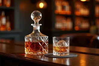 Verre à whiskey en cristal et carafe assortie sur un bar en noyer avec glaçon sphérique, atmosphère club élégant