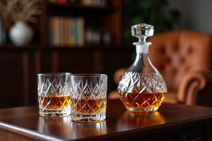 Carafe et verres à whisky en cristal taillé disposés élégamment sur un meuble en noyer dans un salon raffiné