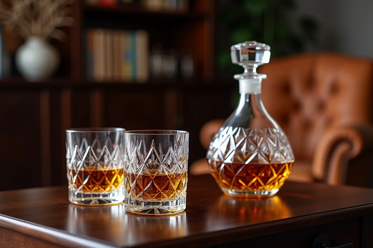 Carafe et verres à whisky en cristal taillé disposés élégamment sur un meuble en noyer dans un salon raffiné