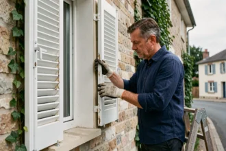 Homme inspectant un volet battant en aluminium abîmé sur une façade de maison française