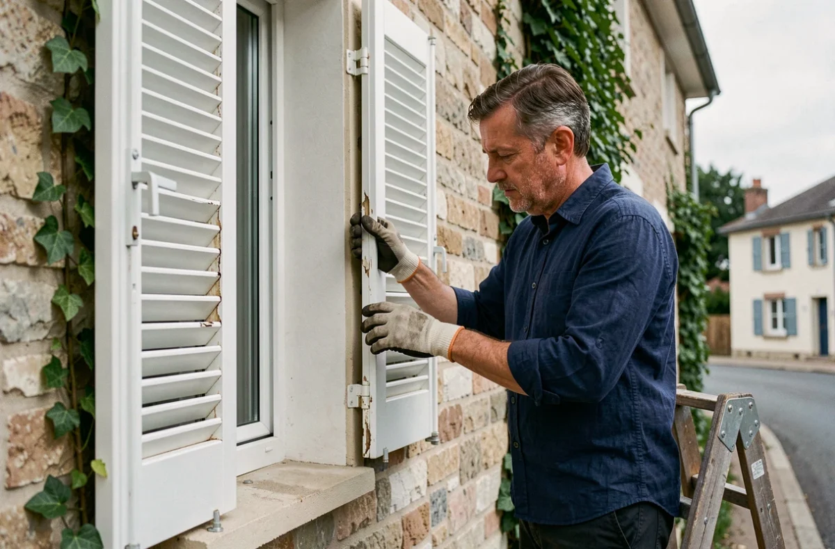 Homme inspectant un volet battant en aluminium abîmé sur une façade de maison française