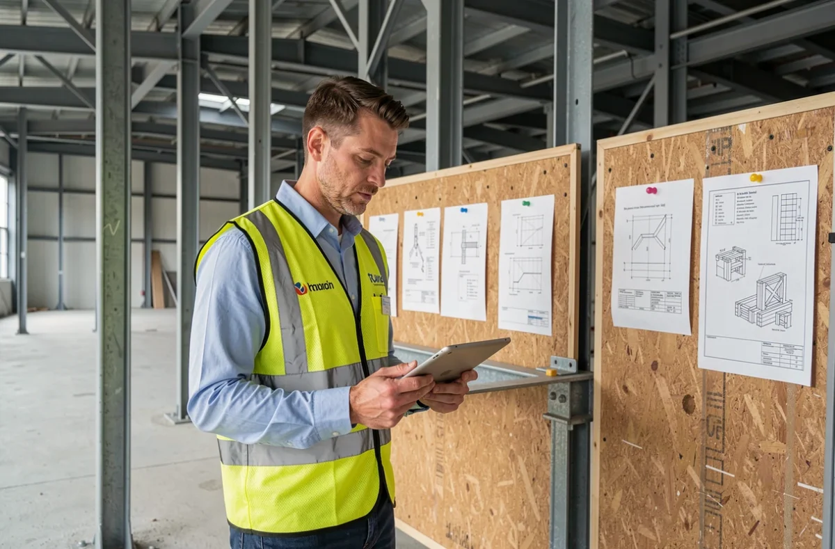 Ingénieur de WKH Ingenierie TCE analysant la structure d'un bâtiment commercial en chantier avec une tablette numérique