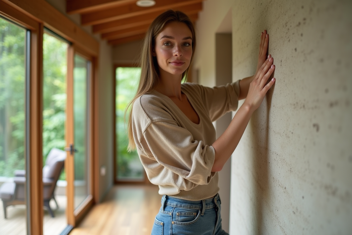 Femme touchant un mur en hempcrete dans une maison durable moderne