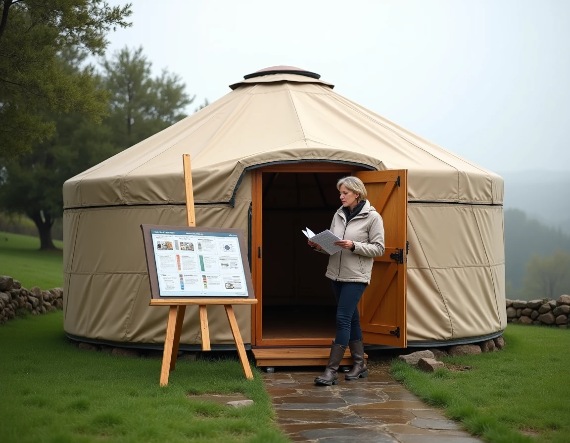 Femme examinant des documents de devis devant une yourte en bois installée dans un jardin en pente, vue extérieure complète de la structure